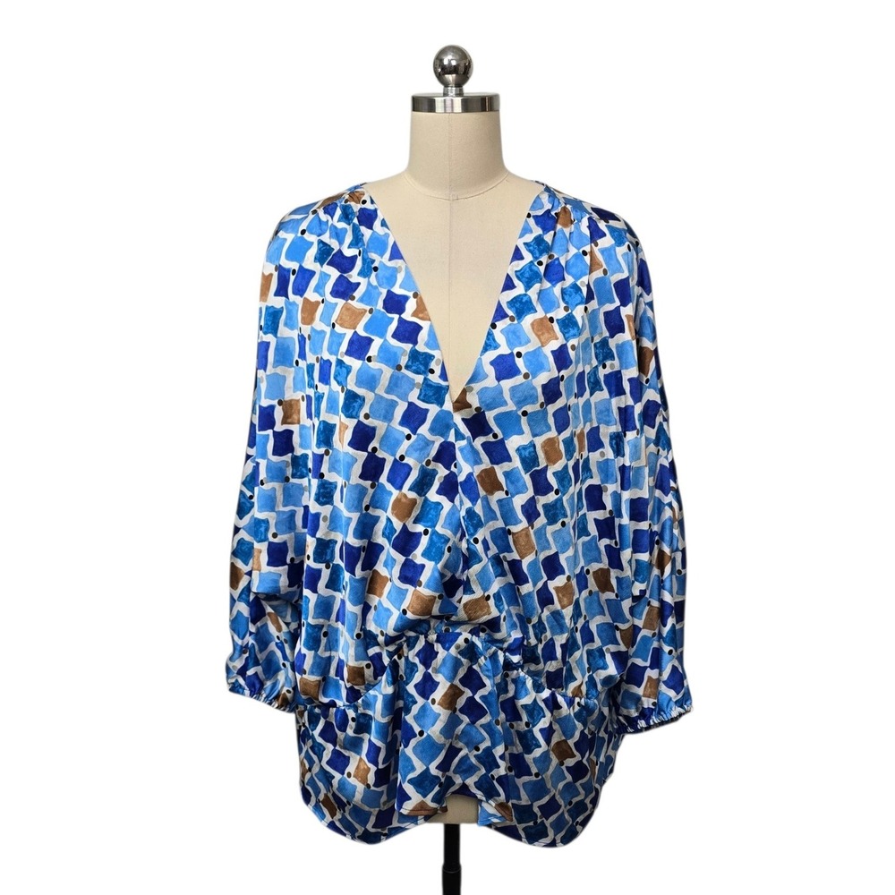 NIC+ZOE Blue Geometric Surplice V-Neck Blouse Plus Size 3X New NWT $158 Business